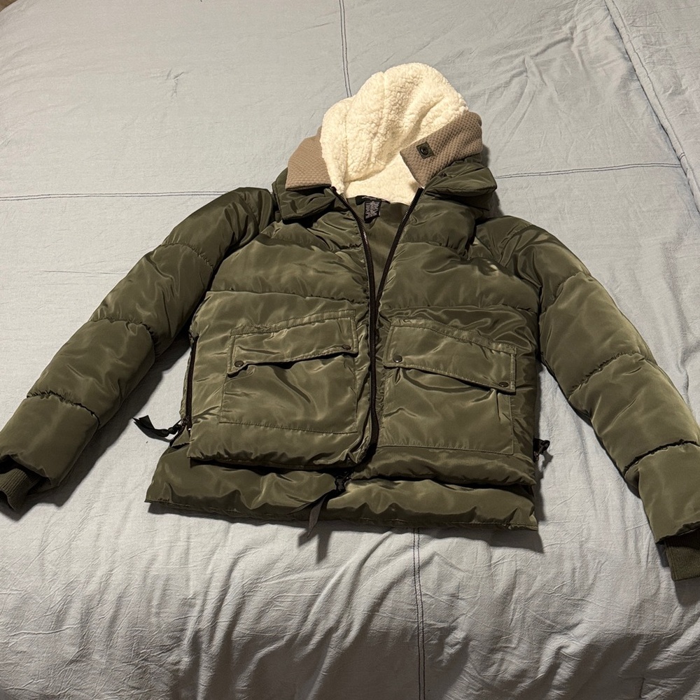 Olive Green Puffer Jacket with Hood
